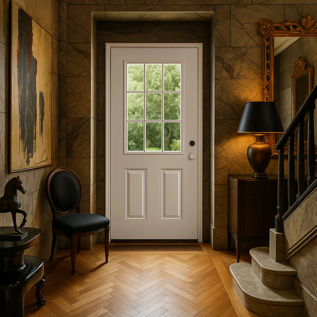 Masonite 32 x 80 in. 9 Lite Left Hand Inswing Primed White Smooth Fiberglass Prehung Exterior Door - Image 5