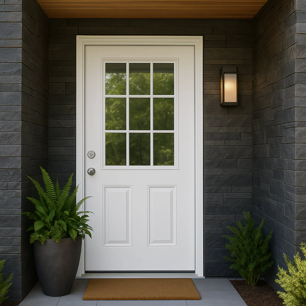 Masonite 32 x 80 in. Right-Hand Inswing 9 Lite Primed Fiberglass Prehung Front Door with No Brickmold - Image 4