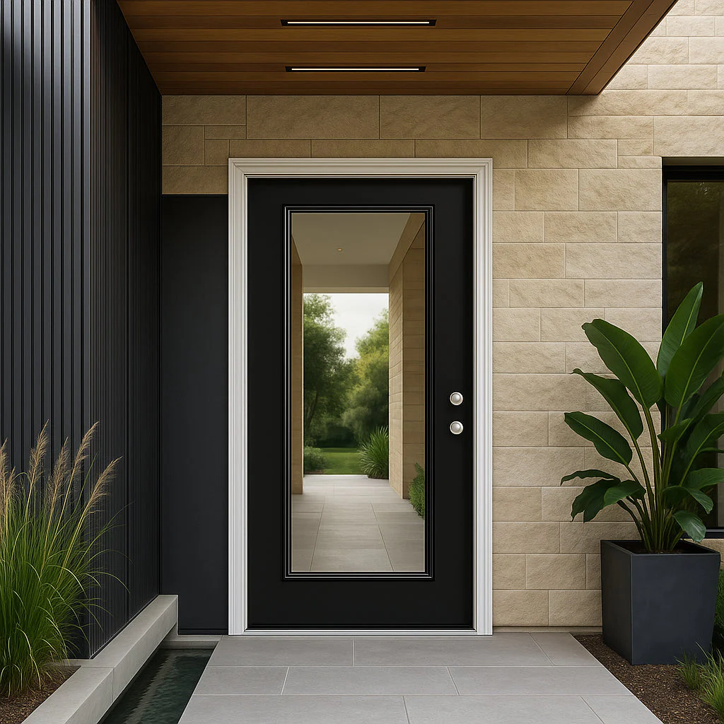 Masonite 36 in. x 80 in. Full Lite Jet Black Left Hand Inswing Painted Smooth Fiberglass Prehung Front Exterior Door with Brickmold - Image 4