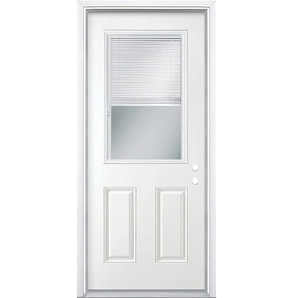 Masonite 36-in x 80-in Steel Half Lite Left-Hand Inswing Primed Prehung Single Front Door with Brickmould, Insulating Core, Blinds Between Glass