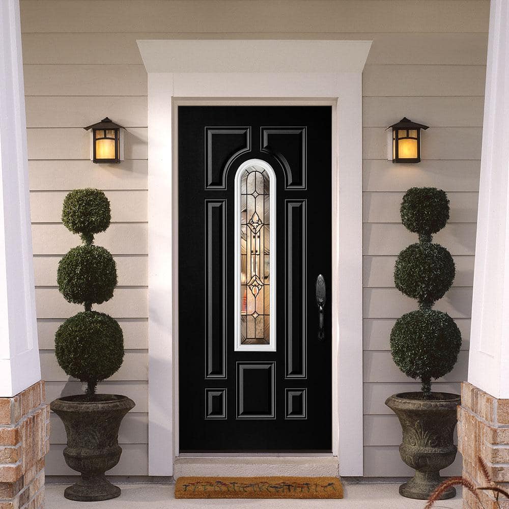Masonite Providence Center Arch Jet Black Steel Prehung Front Door with Brickmold, Left-Hand Inswing, 36 in. x 80 in. - Image 2