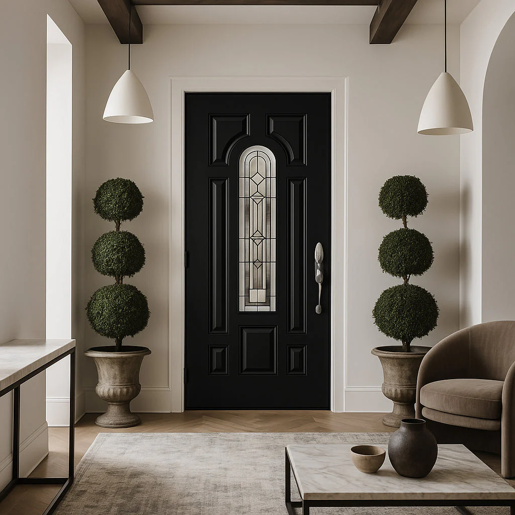 Masonite Providence Center Arch Jet Black Steel Prehung Front Door with Brickmold, Left-Hand Inswing, 36 in. x 80 in. - Image 4