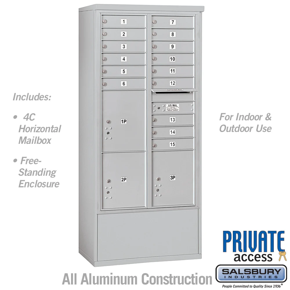 Maximum Height Free-Standing 4C Horizontal Mailbox with 15 Doors and 3 Parcel Lockers in Aluminum with Private Access