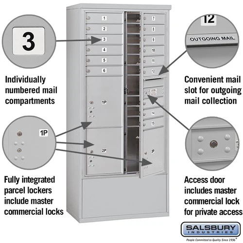 Maximum Height Free-Standing 4C Horizontal Mailbox with 15 Doors and 3 Parcel Lockers in Aluminum with Private Access - Image 2