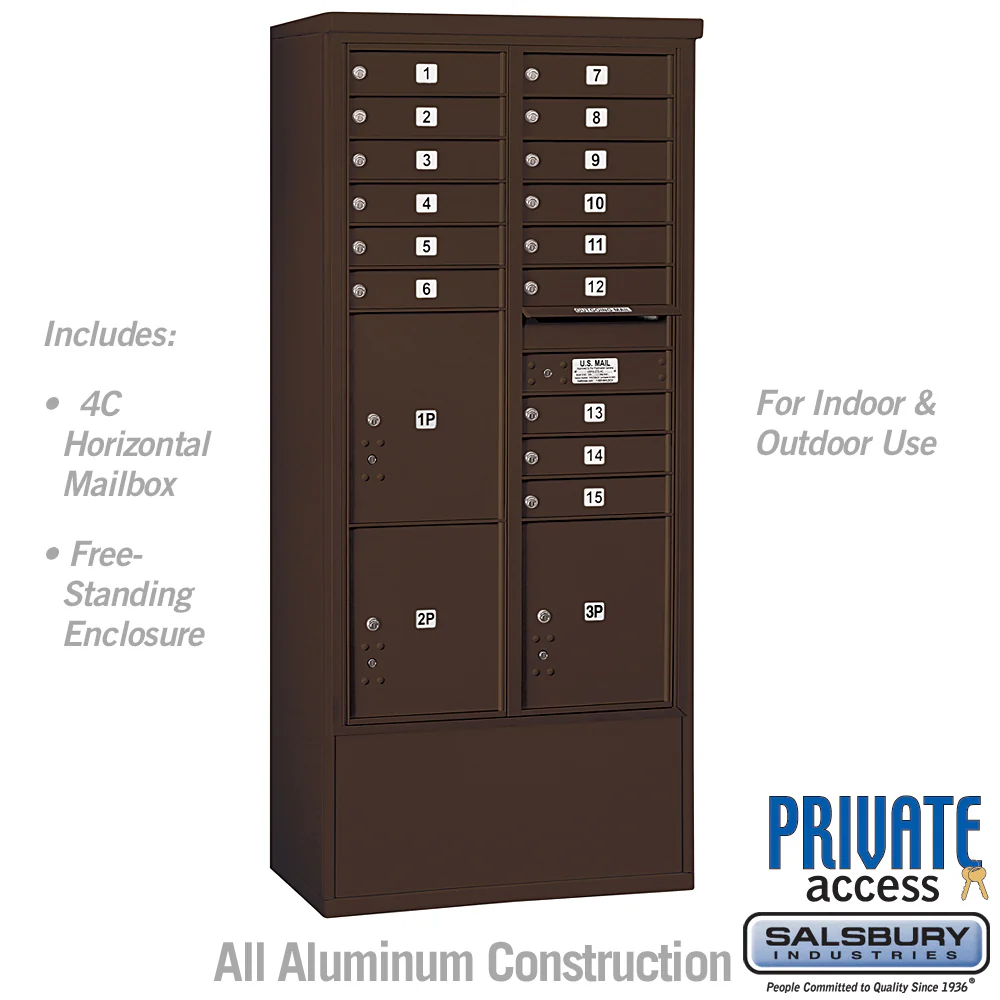 Maximum Height Free-Standing 4C Horizontal Mailbox with 15 Doors and 3 Parcel Lockers in Bronze with Private Access