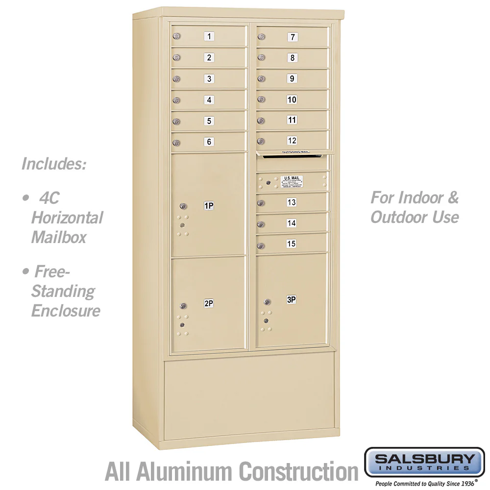 Maximum Height Free-Standing 4C Horizontal Mailbox with 15 Doors and 3 Parcel Lockers in Sandstone