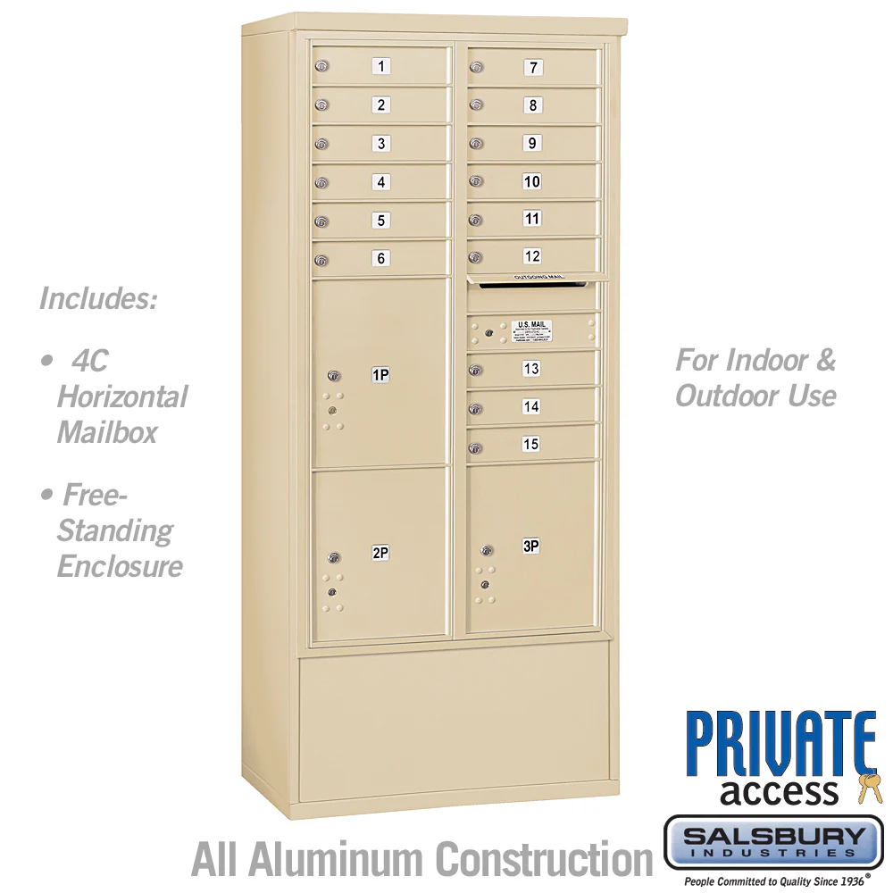 Maximum Height Free-Standing 4C Horizontal Mailbox with 15 Doors and 3 Parcel Lockers in Sandstone with Private Access