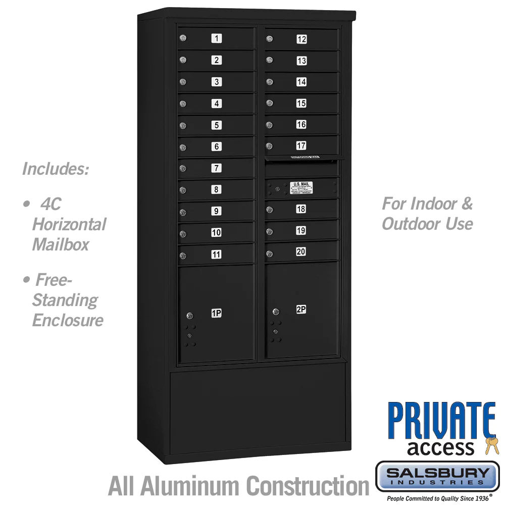 Maximum Height Free-Standing 4C Horizontal Mailbox with 20 Doors and 2 Parcel Lockers in Black with Private Access