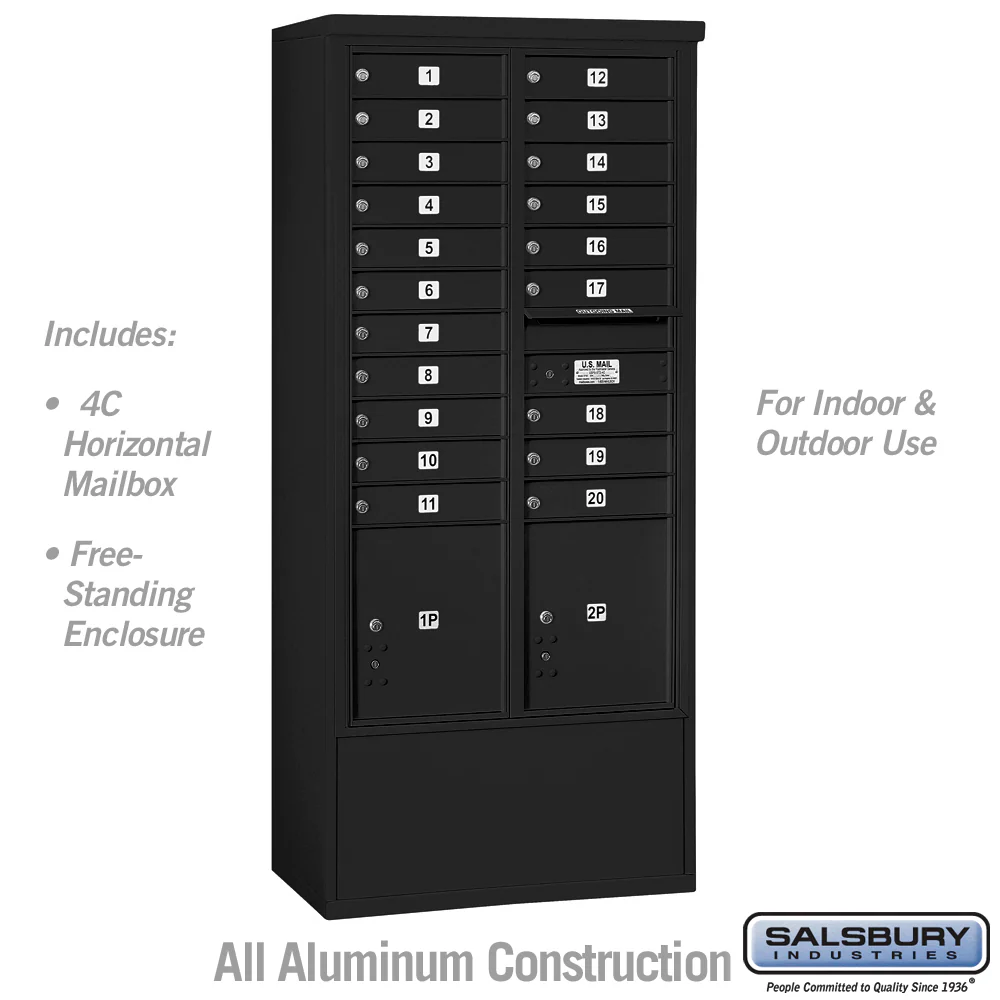 Maximum Height Free-Standing 4C Horizontal Mailbox with 20 Doors and 2 Parcel Lockers in Black with USPS Access