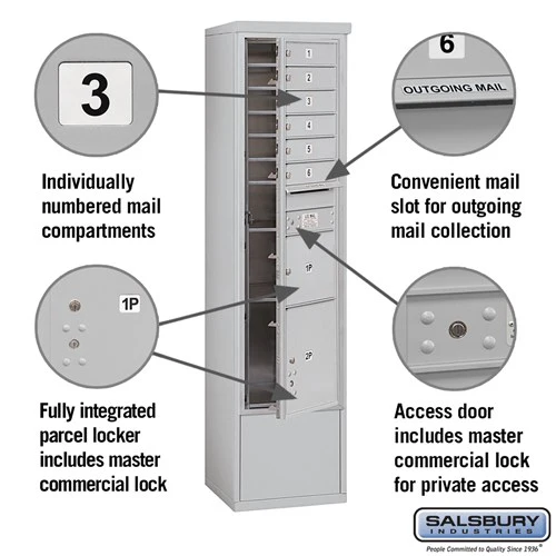 Maximum Height Free-Standing 4C Horizontal Mailbox with 6 Doors and 2 Parcel Lockers in Aluminum with Private Access - Image 2