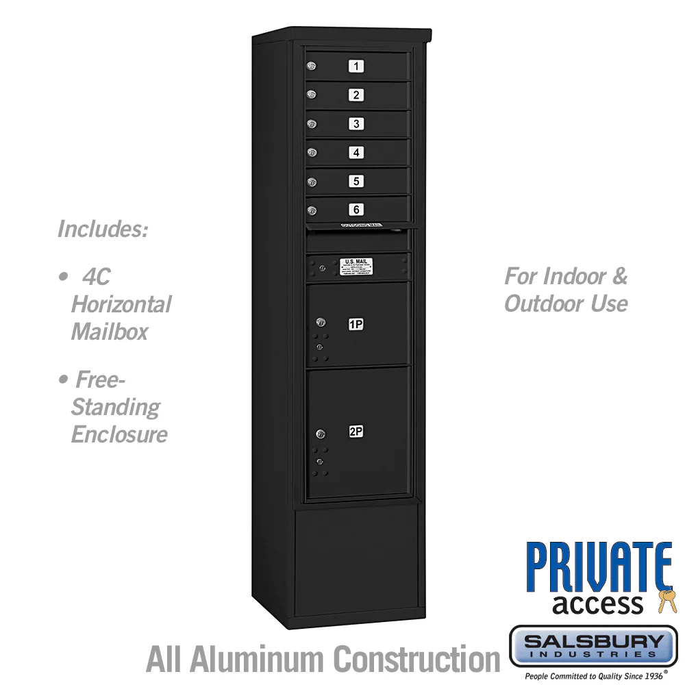 Maximum Height Free-Standing 4C Horizontal Mailbox with 6 Doors and 2 Parcel Lockers in Black with Private Access
