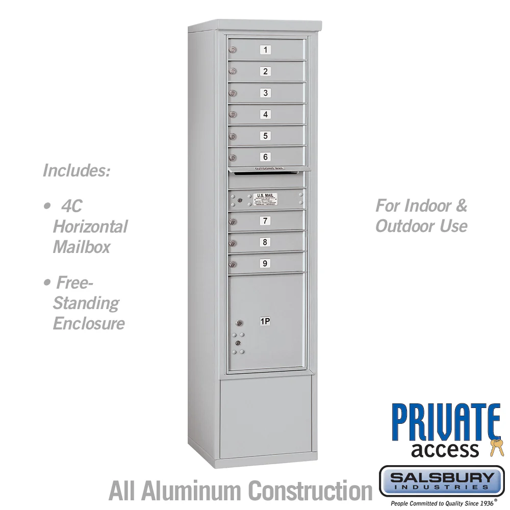 Maximum Height Free-Standing 4C Horizontal Mailbox with 9 Doors and Parcel Locker in Aluminum