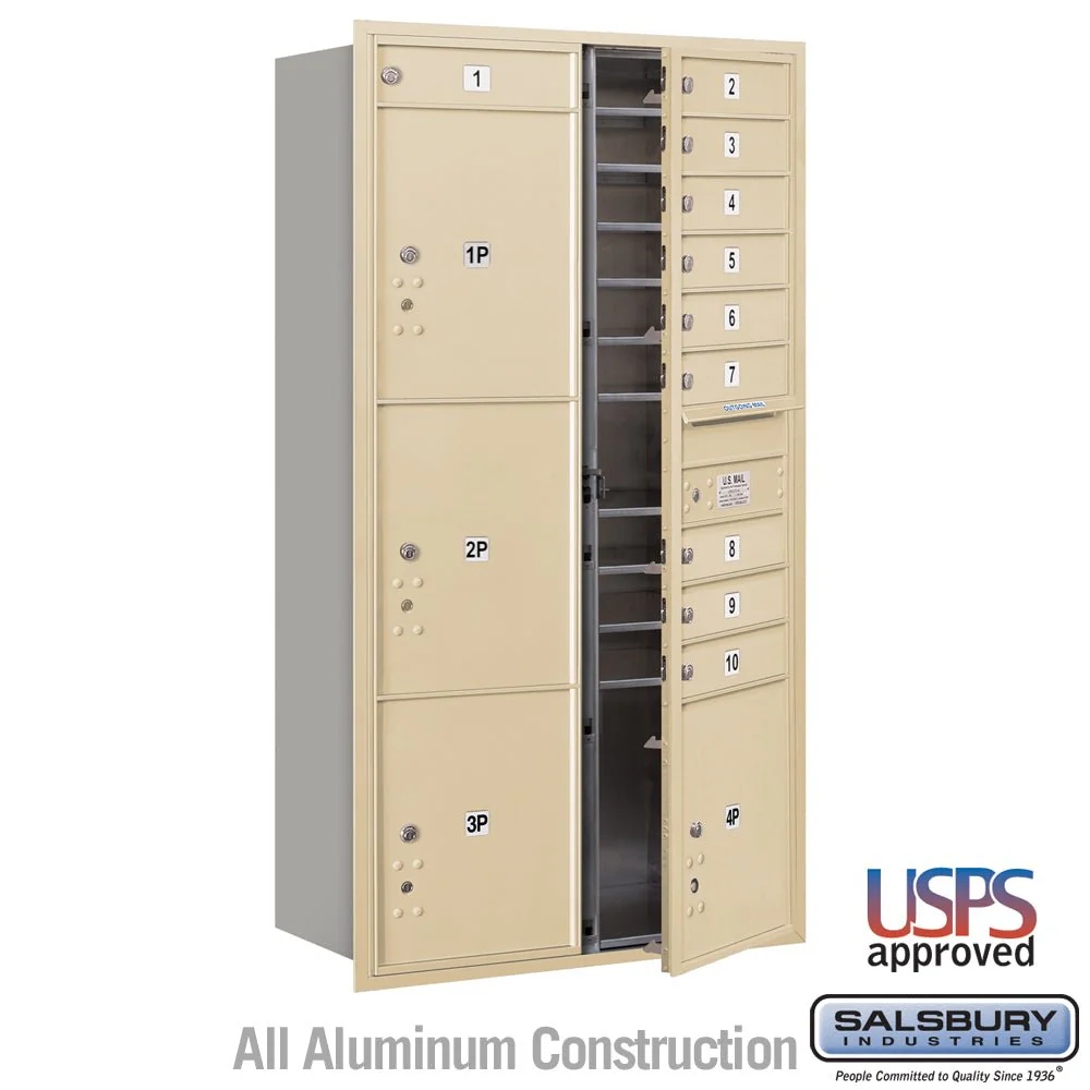 Maximum Height Recessed Mounted 4C Horizontal Mailbox with 10 Doors and 4 Parcel Lockers in Sandstone with USPS Access