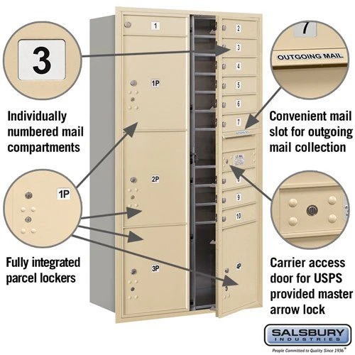 Maximum Height Recessed Mounted 4C Horizontal Mailbox with 10 Doors and 4 Parcel Lockers in Sandstone with USPS Access - Image 2