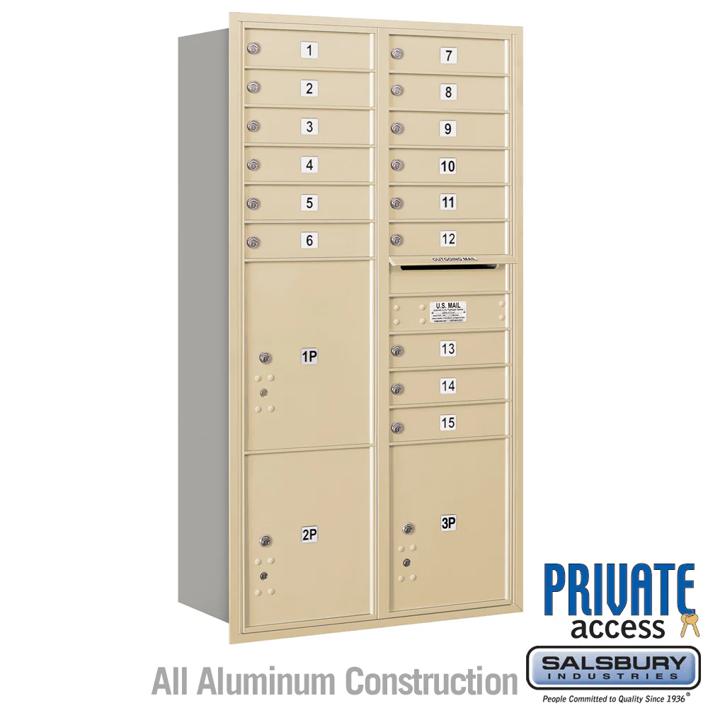 Maximum Height Recessed Mounted 4C Horizontal Mailbox with 15 Doors and 3 Parcel Lockers in Sandstone - Rear Loading