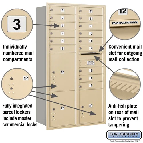 Maximum Height Recessed Mounted 4C Horizontal Mailbox with 15 Doors and 3 Parcel Lockers in Sandstone - Rear Loading - Image 2