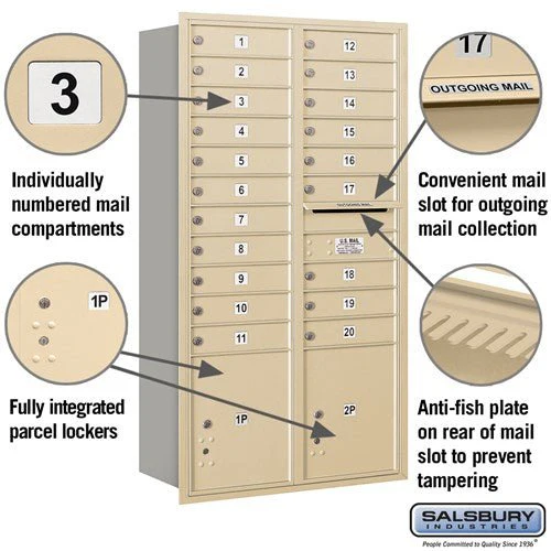 Maximum Height Recessed Mounted 4C Horizontal Mailbox with 20 Doors and 2 Parcel Lockers in Sandstone - Image 2