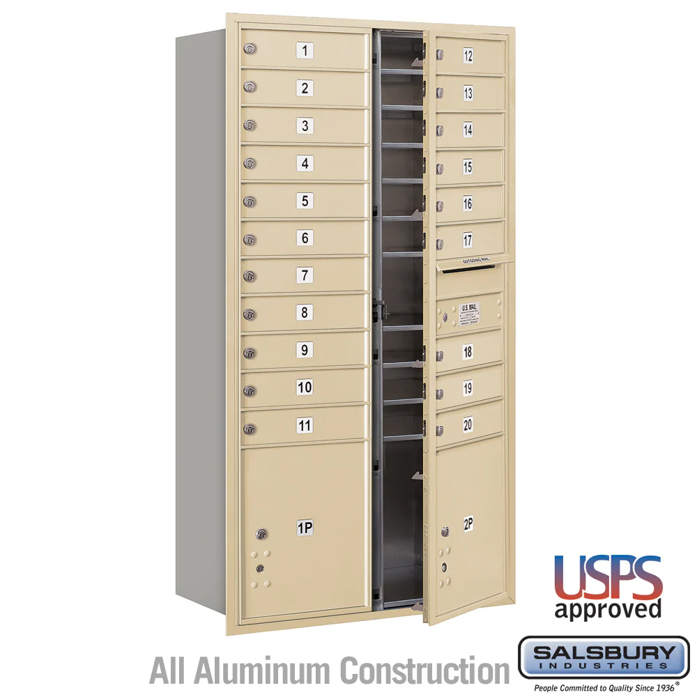 Maximum Height Recessed Mounted 4C Horizontal Mailbox with 20 Doors and 2 Parcel Lockers in Sandstone with USPS Access