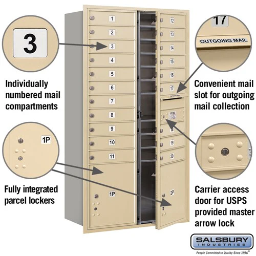 Maximum Height Recessed Mounted 4C Horizontal Mailbox with 20 Doors and 2 Parcel Lockers in Sandstone with USPS Access - Image 2