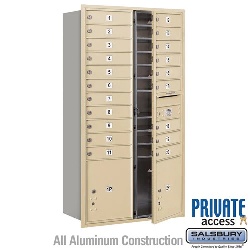 Maximum Height Recessed Mounted 4C Horizontal Mailbox with 20 Doors and 2 Parcel Lockers - Sandstone - Private Access - Front Loading