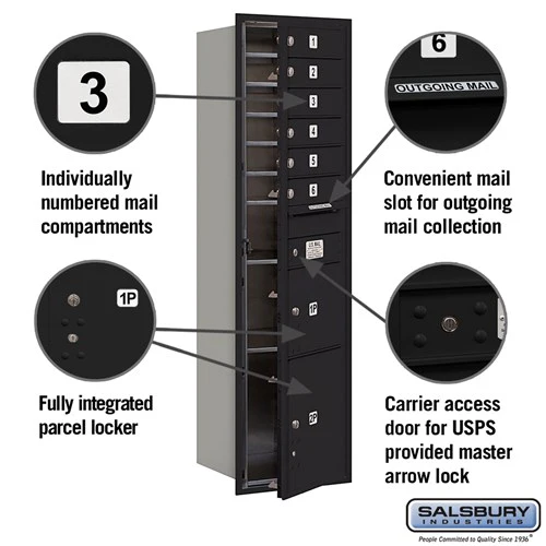Maximum Height Recessed Mounted 4C Horizontal Mailbox with 6 Doors and 2 Parcel Lockers - Black - USPS Access - Image 2