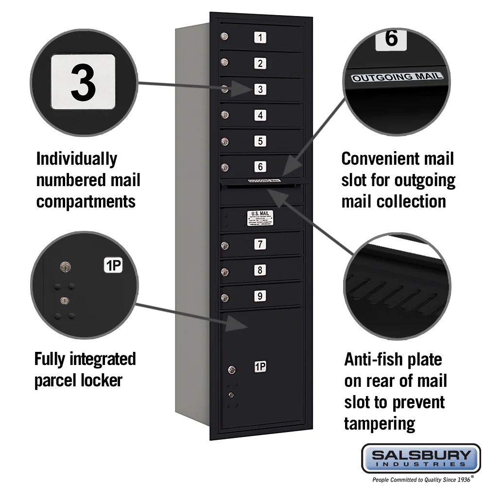 Maximum Height Recessed Mounted Mailbox with 9 Doors and Parcel Locker - Black - Image 2
