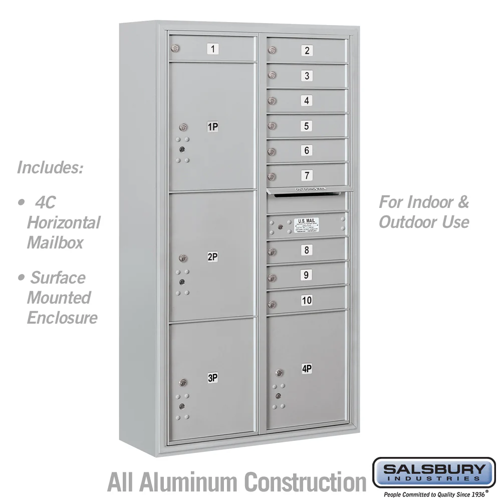 Maximum Height Surface Mounted 4C Horizontal Mailbox with 10 Doors and 4 Parcel Lockers
