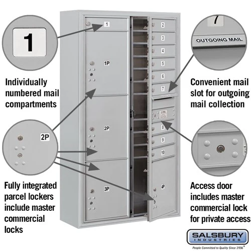 Maximum Height Surface Mounted 4C Horizontal Mailbox with 10 Doors and 4 Parcel Lockers in Aluminum with Private Access - Image 2