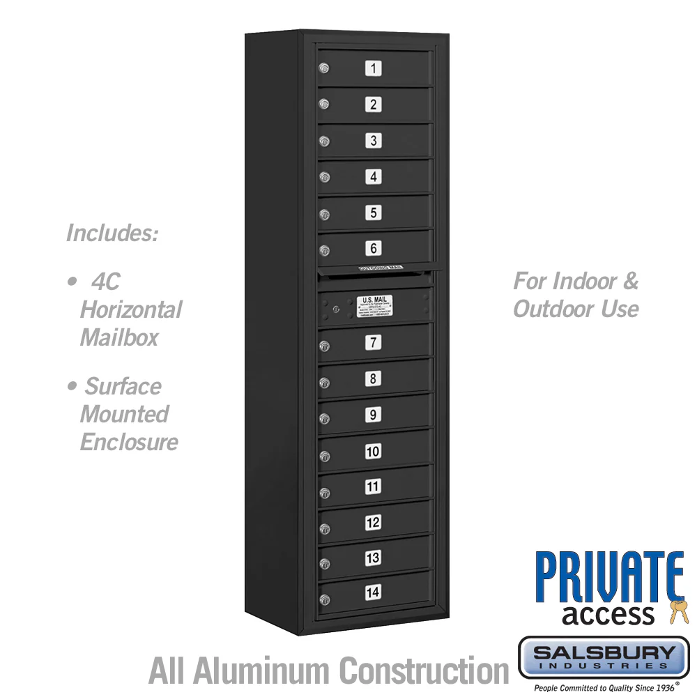 Maximum Height Surface Mounted 4C Horizontal Mailbox with 14 Doors in Black with Private Access