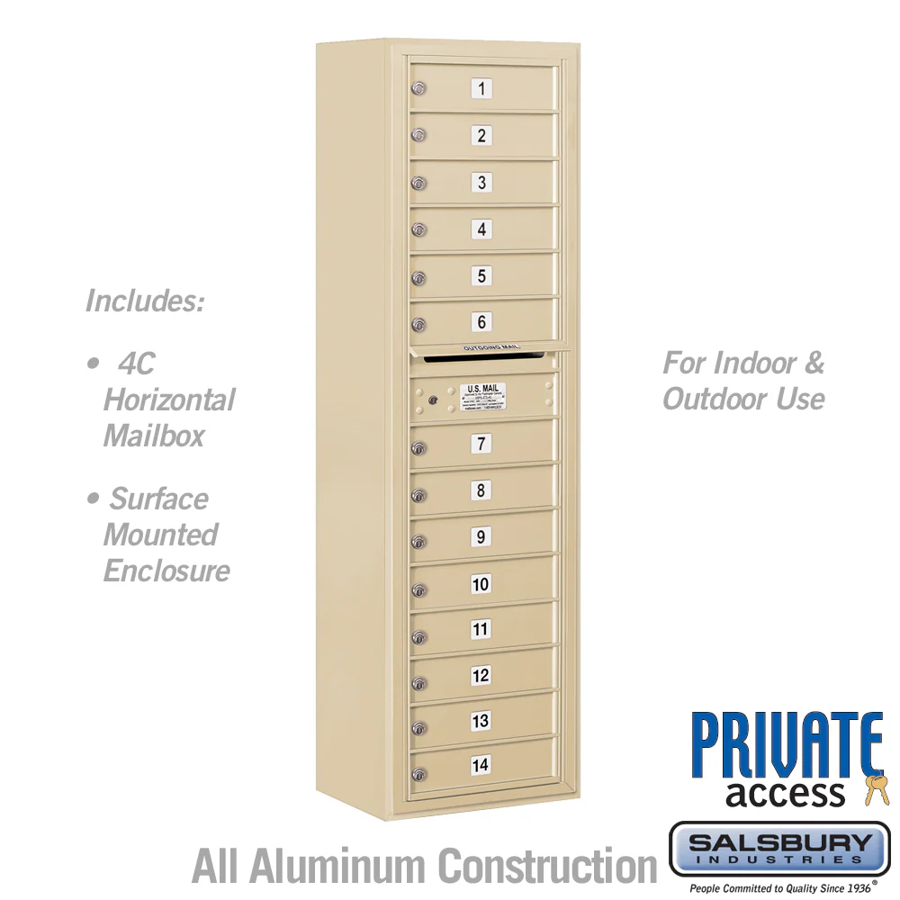 Maximum Height Surface Mounted 4C Horizontal Mailbox with 14 Doors in Sandstone with Private Access