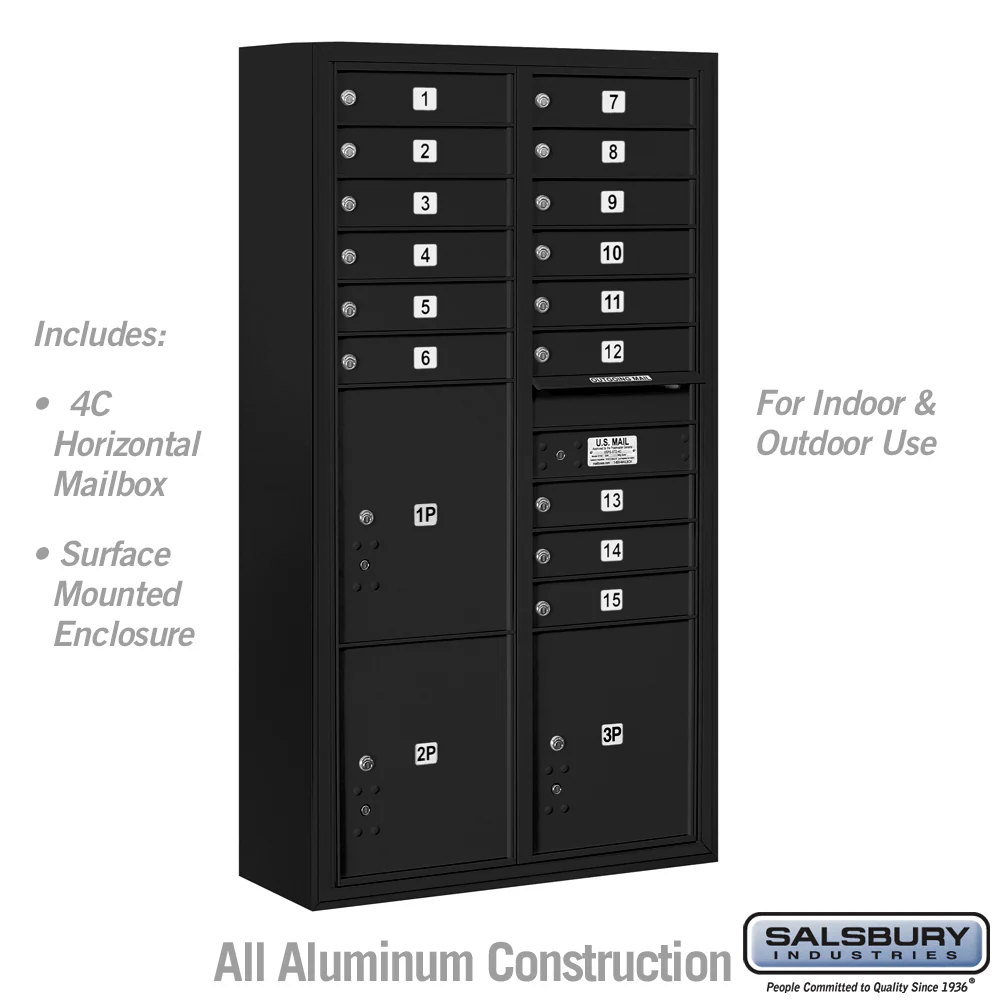 Maximum Height Surface Mounted 4C Horizontal Mailbox with 15 Doors and 3 Parcel Lockers in Black with USPS Access