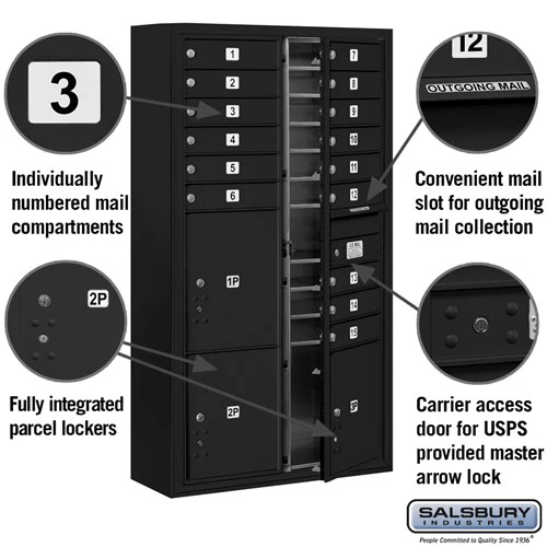 Maximum Height Surface Mounted 4C Horizontal Mailbox with 15 Doors and 3 Parcel Lockers in Black with USPS Access - Image 2