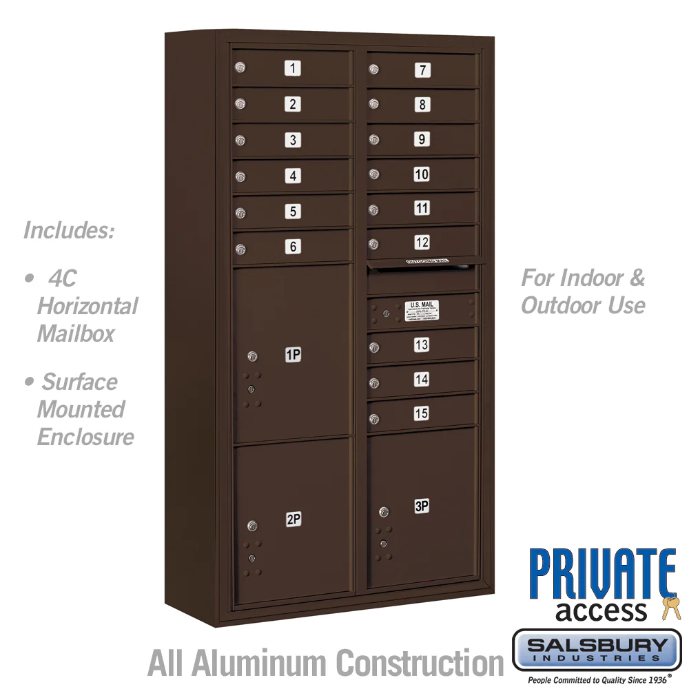 Maximum Height Surface Mounted 4C Horizontal Mailbox with 15 Doors and 3 Parcel Lockers in Bronze