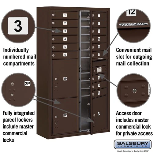 Maximum Height Surface Mounted 4C Horizontal Mailbox with 15 Doors and 3 Parcel Lockers in Bronze - Image 2