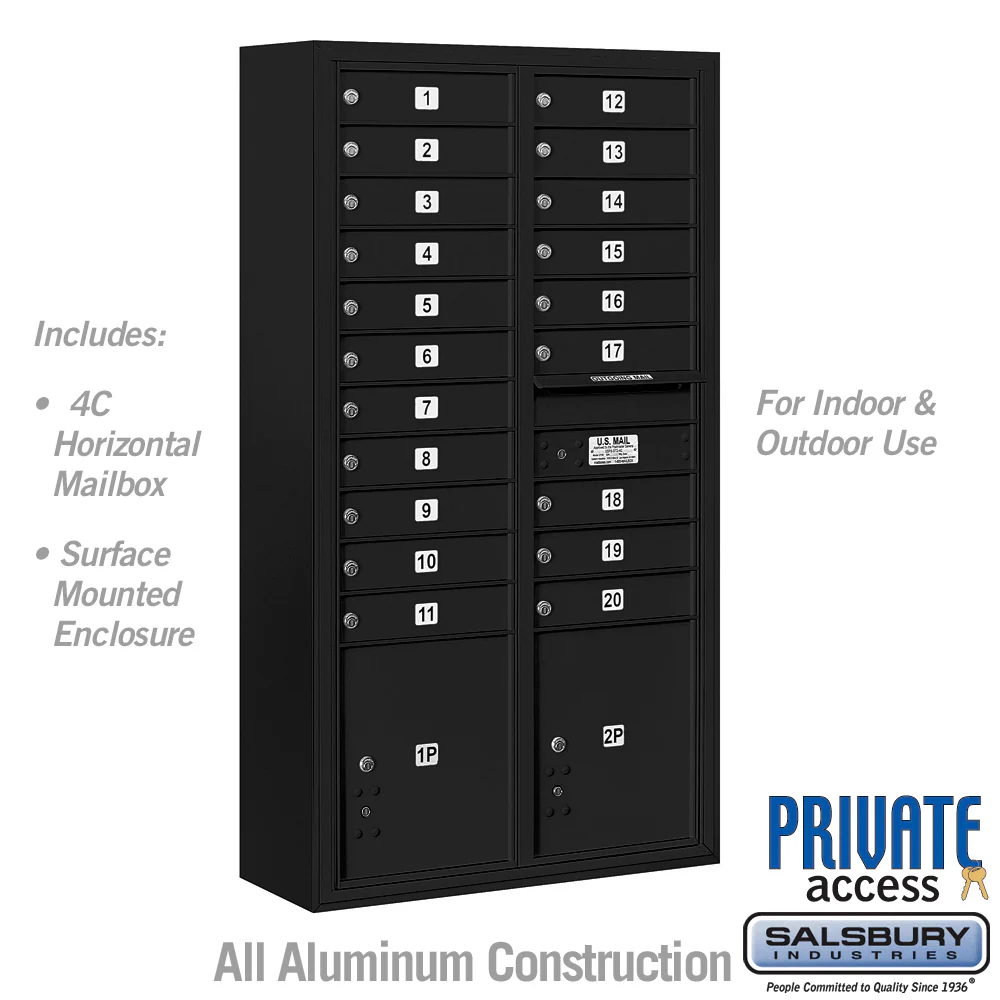 Maximum Height Surface Mounted 4C Horizontal Mailbox with 20 Doors and 2 Parcel Lockers in Black