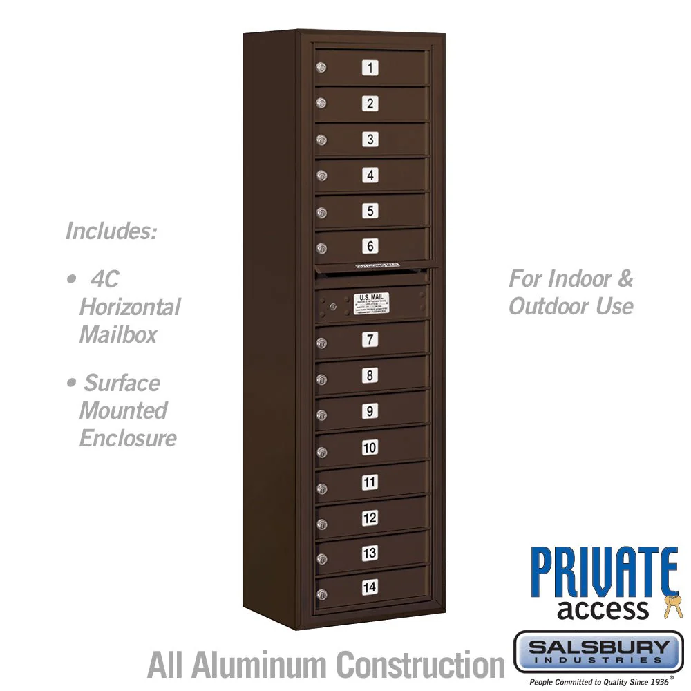 Maximum Height Surface Mounted 4C Horizontal Mailbox with 14 Doors in Bronze with Private Access