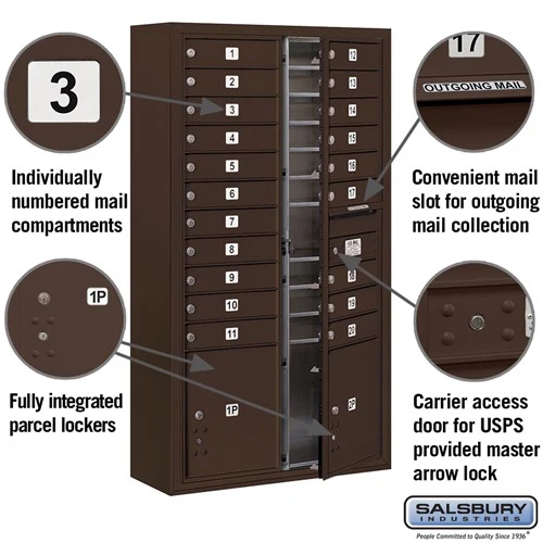 Maximum Height Surface Mounted 4C Horizontal Mailbox with 20 Doors and 2 Parcel Lockers in Bronze with USPS Access - Image 2