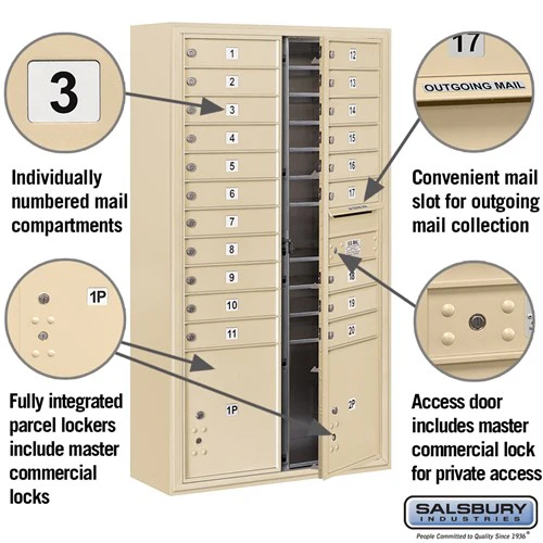 Maximum Height Surface Mounted 4C Horizontal Mailbox with 20 Doors and 2 Parcel Lockers in Sandstone - Image 2