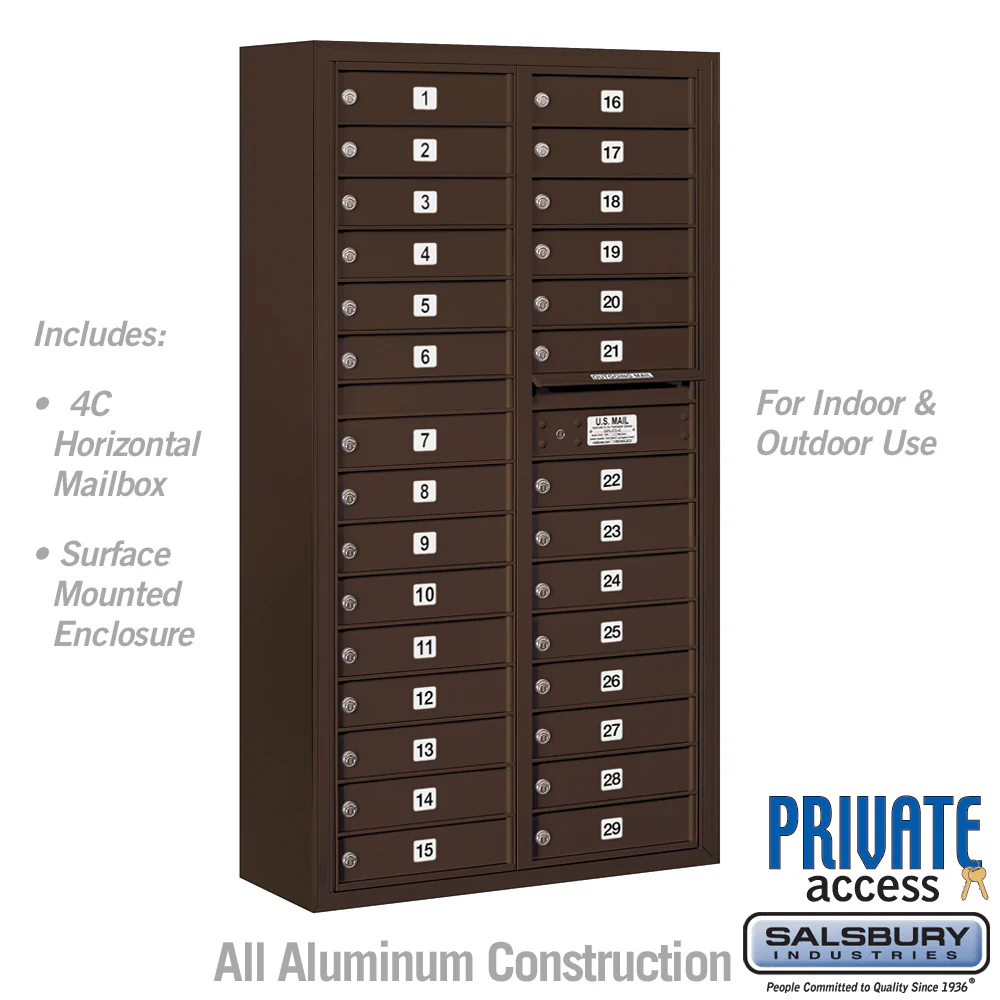 Maximum Height Surface Mounted 4C Horizontal Mailbox with 29 Doors in Bronze with Private Access