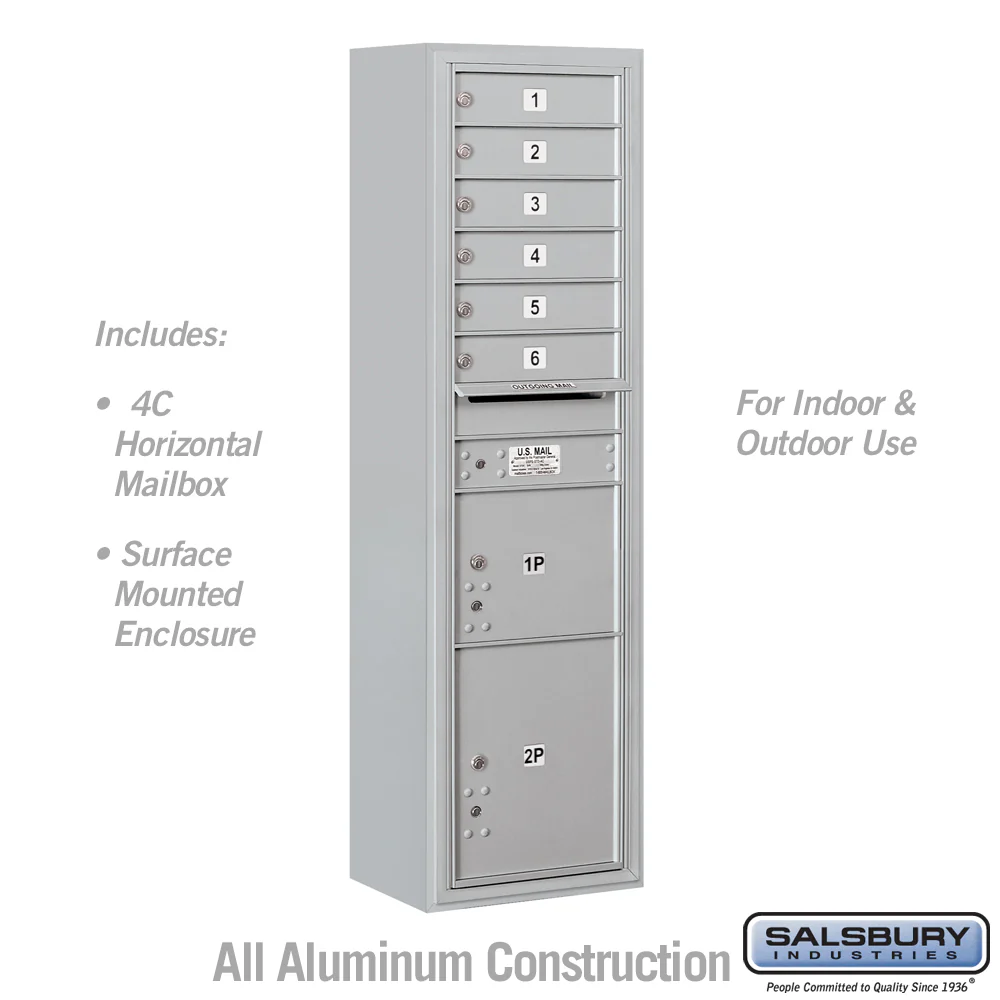 Maximum Height Surface Mounted 4C Horizontal Mailbox with 6 Doors and 2 Parcel Lockers in Aluminum with USPS Access