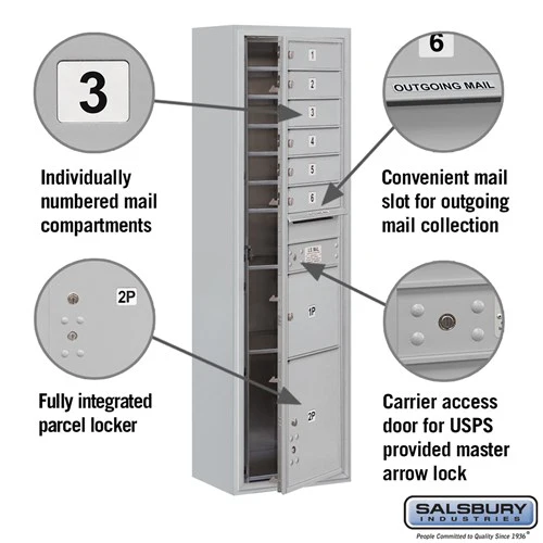 Maximum Height Surface Mounted 4C Horizontal Mailbox with 6 Doors and 2 Parcel Lockers in Aluminum with USPS Access - Image 2