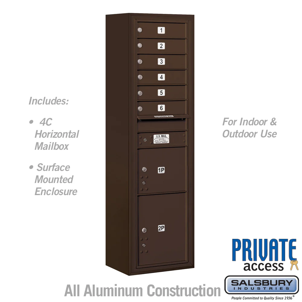 Maximum Height Surface Mounted 4C Horizontal Mailbox with 6 Doors and 2 Parcel Lockers in Bronze