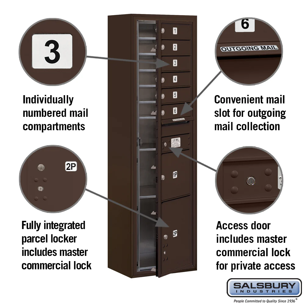 Maximum Height Surface Mounted 4C Horizontal Mailbox with 6 Doors and 2 Parcel Lockers in Bronze - Image 2