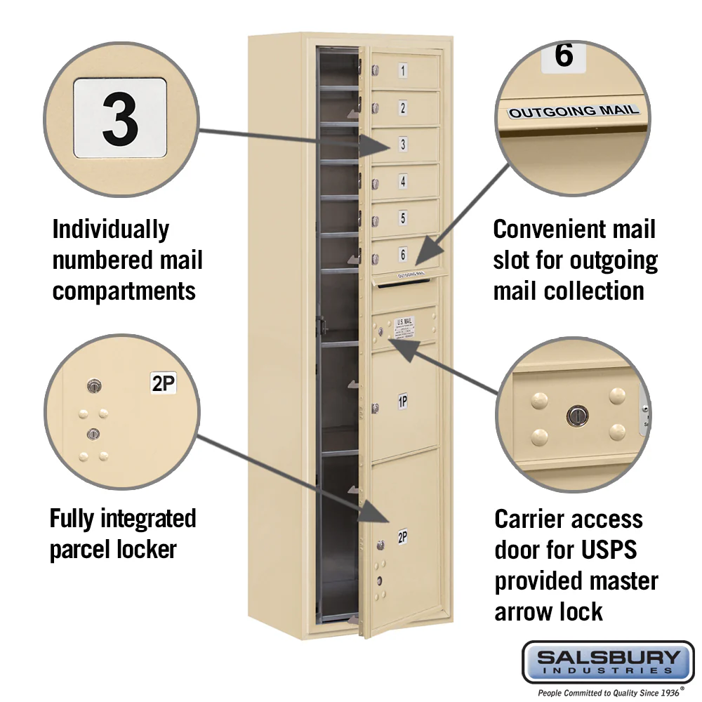6 Door High Surface Mounted 4C Horizontal Mailbox with Parcel Locker in Sandstone - Image 6