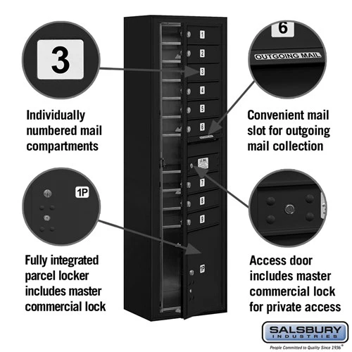 Maximum Height Surface Mounted 4C Horizontal Mailbox with 9 Doors and Parcel Locker in Black - Image 2