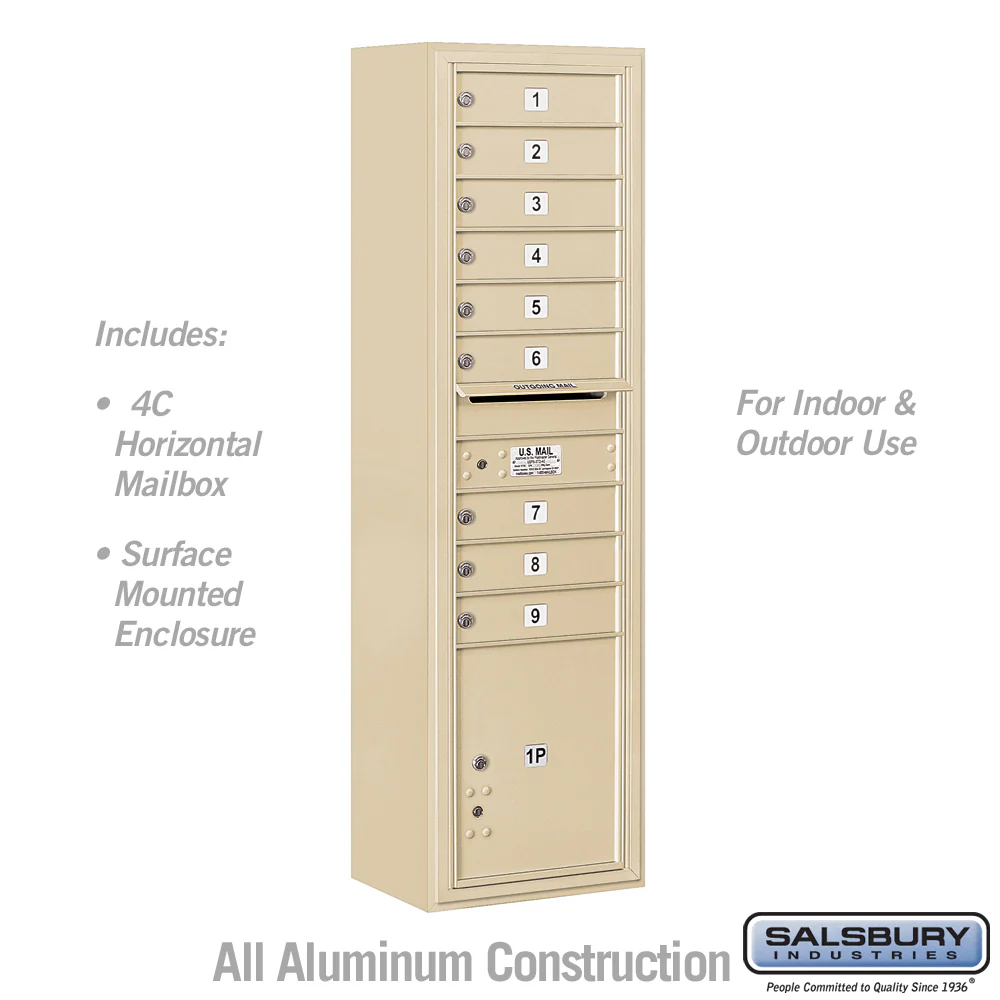 Maximum Height Surface Mounted 4C Horizontal Mailbox with 9 Doors and Parcel Locker in Sandstone