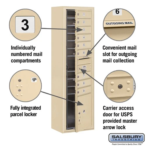 Maximum Height Surface Mounted 4C Horizontal Mailbox with 9 Doors and Parcel Locker in Sandstone - Image 2