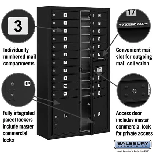 Maximum Height Surface Mounted 4C Horizontal Mailbox with 20 Doors and 2 Parcel Lockers in Black - Image 2
