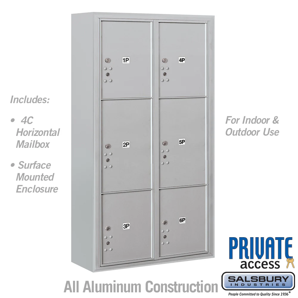 Maximum Height Surface Mounted 4C Horizontal Parcel Locker with 6 Parcel Lockers in Aluminum with Private Access