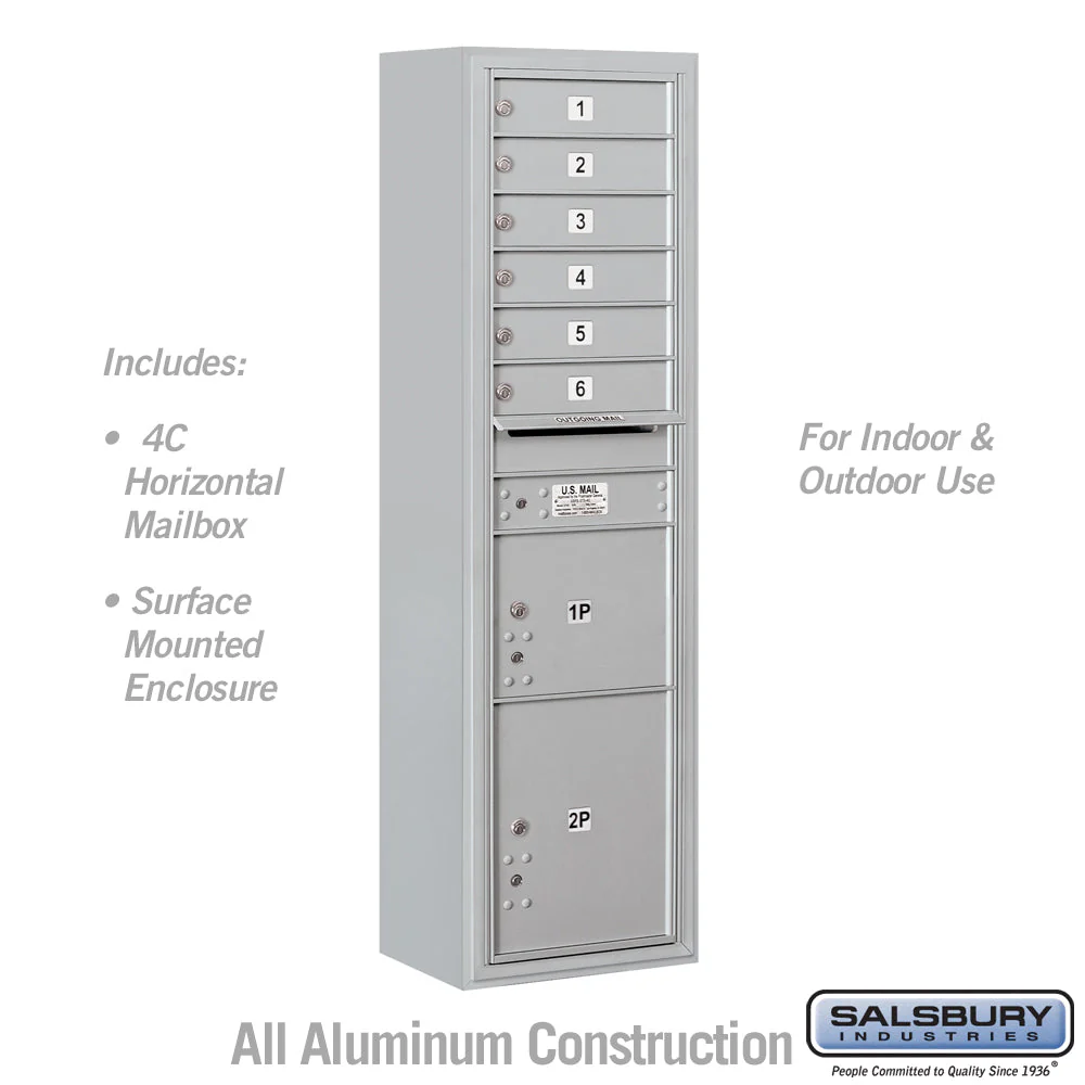 Maximum Height Surface Mounted 4C Horizontal Mailbox with 6 Doors and 2 Parcel Lockers in Aluminum with USPS Access